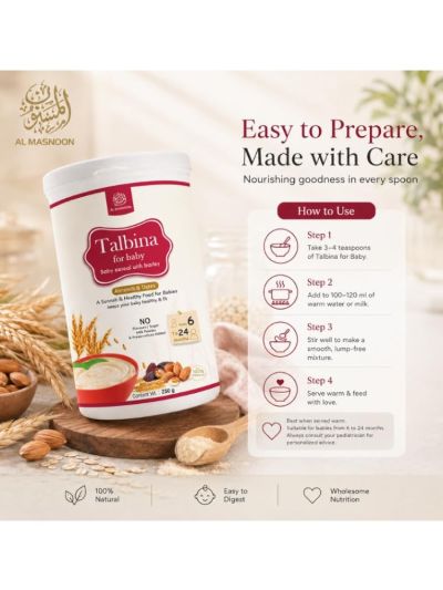 AL MASNOON Talbina for Baby Barley Cereal with Almonds & Dates 250g | Ages 6 to 24 Months
