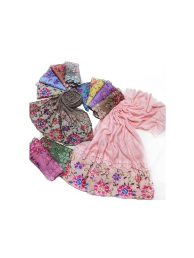 Premium Cotton - Floral With Ten Flower On Border Stole(Set of  12)