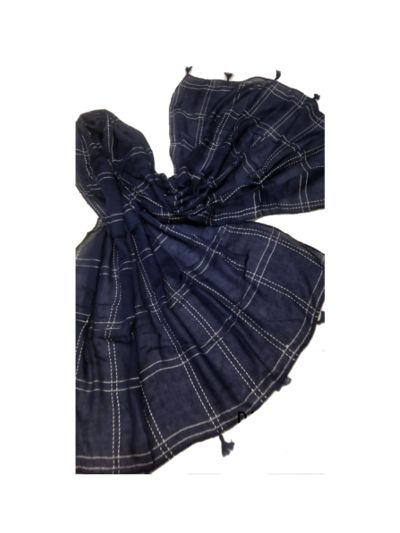Premium Cotton White Thread Work Design With Box Checkered & Fringes Stole (Set of 12)