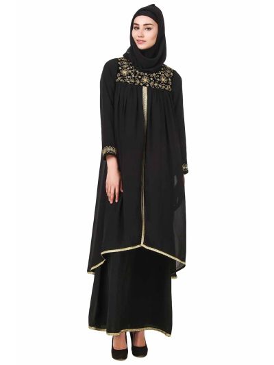 Black Dual Layer Nida & Georgette Embroidered Abaya