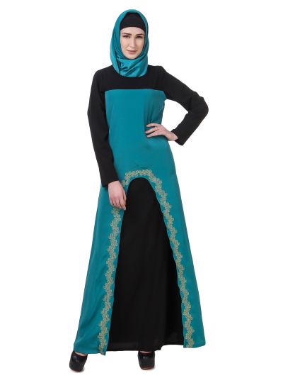 Black & Bottle Green Gold Embroidered Abaya