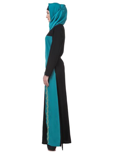 Black & Bottle Green Gold Embroidered Abaya