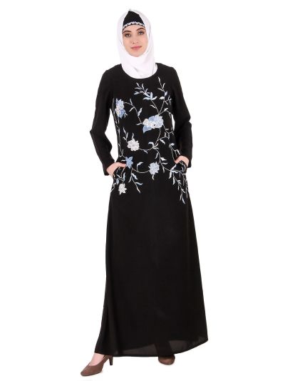 Black Leaf and Flower Embellished Black Nida Abaya