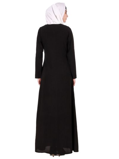Black Leaf and Flower Embellished Black Nida Abaya