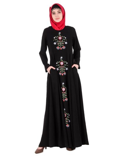 Black Floral Embroidered Nida Abaya