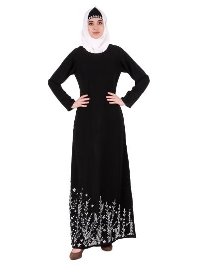 Descending Leaf Pattern Embroidered Abaya