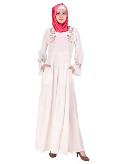 Colorful Embroidered Bell Sleeve White Abaya