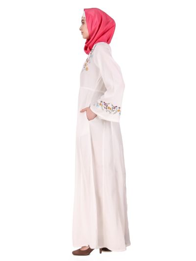 Colorful Embroidered Bell Sleeve White Abaya