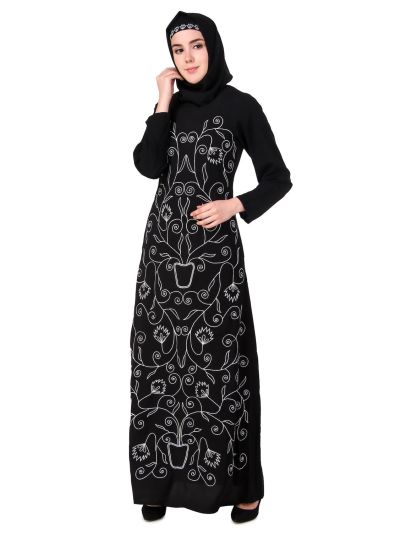 Front Floral Embroidered A-Line Abaya