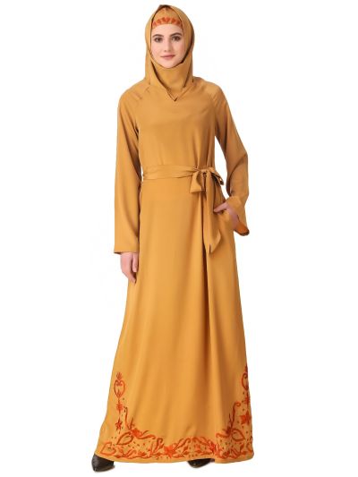 Raglan Sleeves Floral Embroidered Bottom Abaya with Waist Belt
