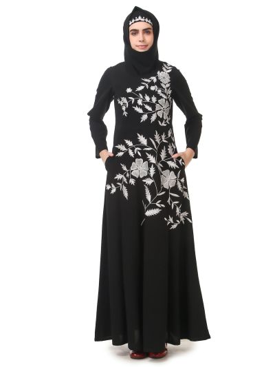 Contrast Embroidery Heavily Flared Abaya