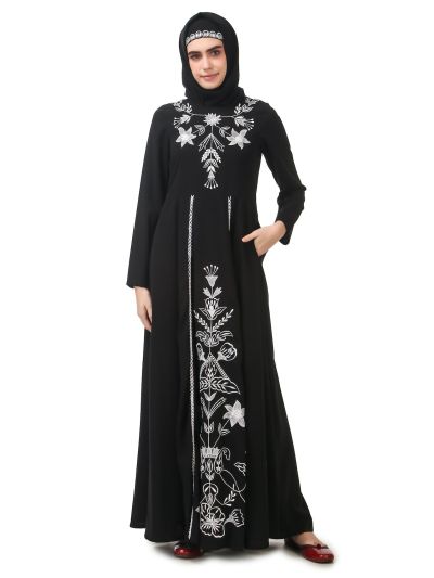 Fancy White on Black Embroidery Anarkali Abaya