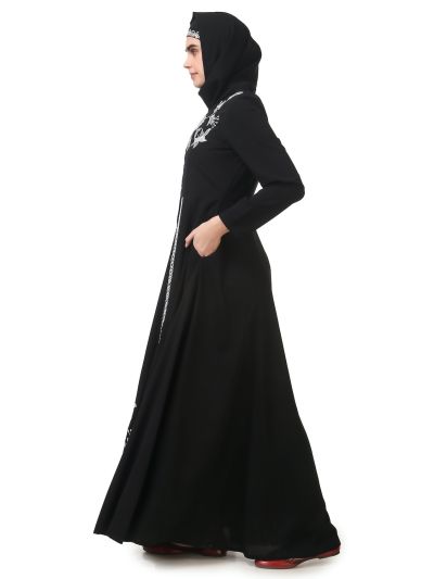 Fancy White on Black Embroidery Anarkali Abaya