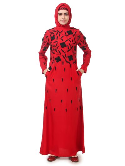 Black Floral Embroidery Red Rayon Abaya