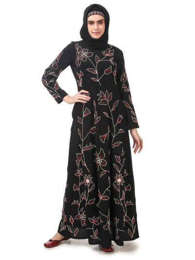 All Over Floral Embroidered Semi Circular Abaya