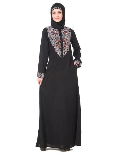 Faux Buttoned Front Paisley Embroidered Abaya