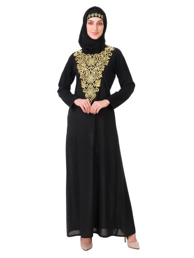 Gold Hand Embroidered Neck Fancy Abaya