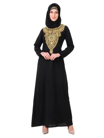 Gold & Copper Hand Embroidered Neck Fancy Abaya