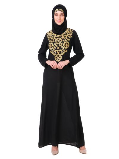 Gold & Copper Hand Embroidered Neck Fancy Abaya