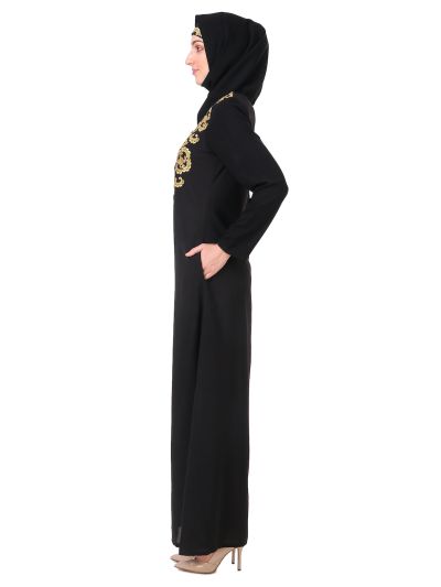 Gold & Copper Hand Embroidered Neck Fancy Abaya