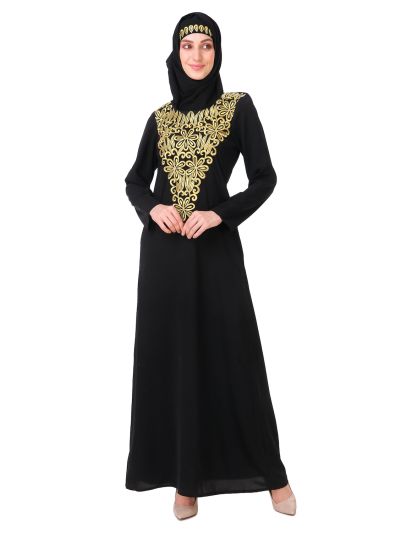Gold Hand Embroidered Neck Fancy Abaya