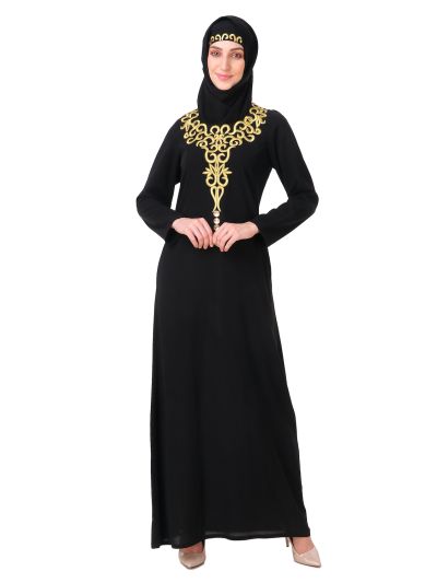 Gold Hand Embroidered Neck Fancy Abaya