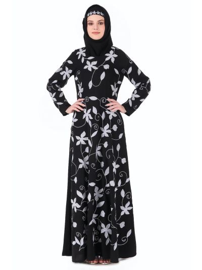 Embroidered Floral Vines Flared Abaya