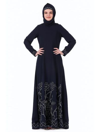 Floral Geo Embroidery Navy Blue Abaya