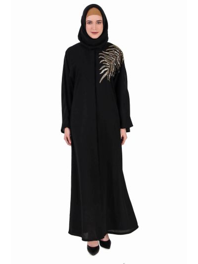 Front Open Hand Gold Leaf Embroidered Dubai Abaya