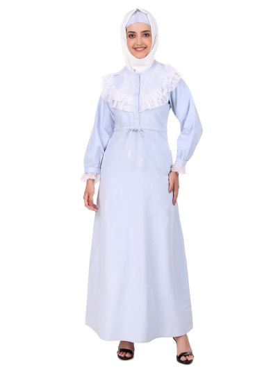 Drawstring Lace Embellished Cotton Chambray Abaya