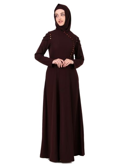 Button Embellished Curved Placket Brown Nida Abaya