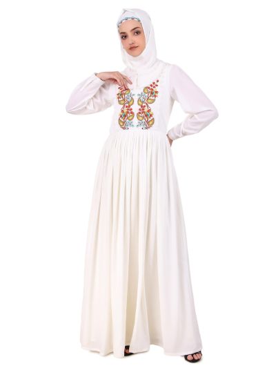 Heavy Flared Hand Embroidered White Abaya