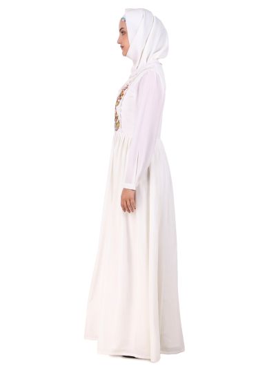 Heavy Flared Hand Embroidered White Abaya