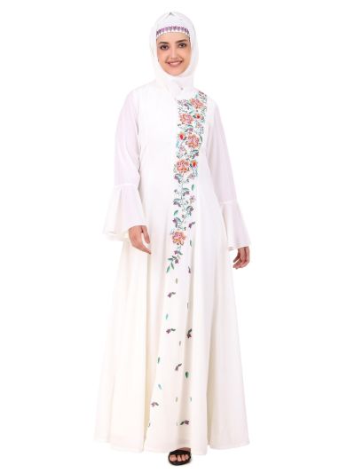 Hand Embroidered Princess Seam White Abaya