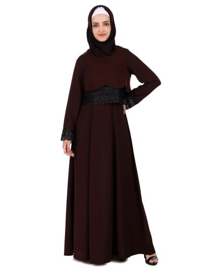 Brown Nida and Jersey Fancy Lace Abaya