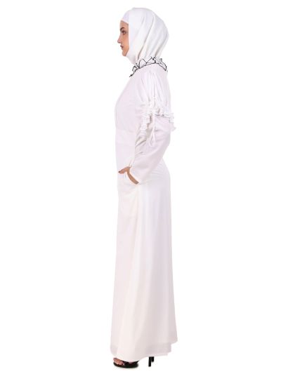 Embroidered Floral Neck White Abaya