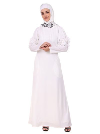 Embroidered Floral Neck White Abaya