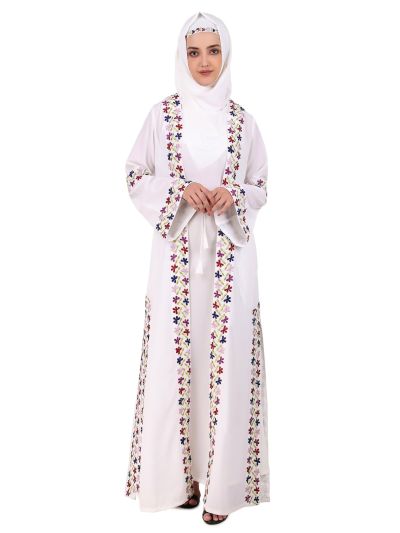 Heavy Embroidered Front Open White Abaya
