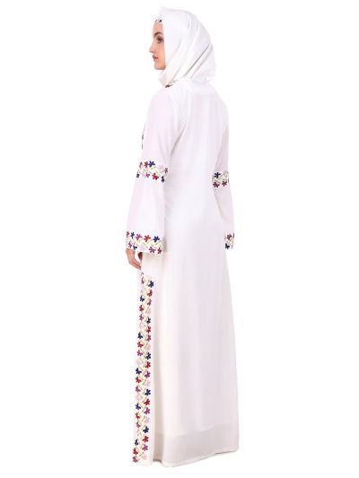 Heavy Embroidered Front Open White Abaya