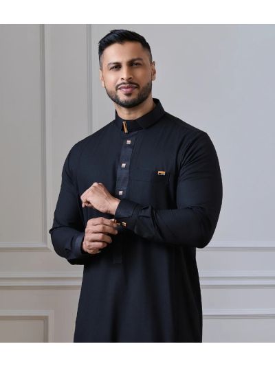Al Noor Black Jacquard Collar Thobe