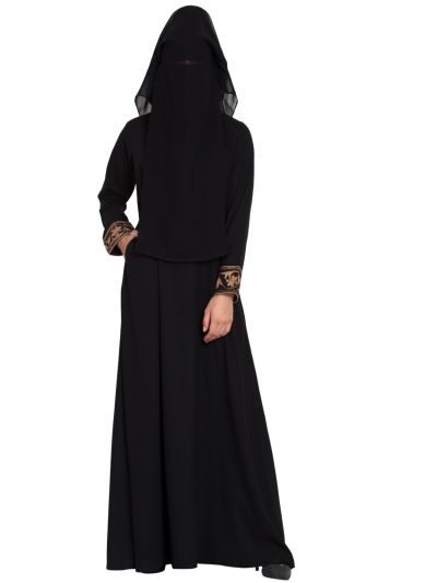 Embroidered Black Burqa with Triple Layered Naqaab & Nose Piece