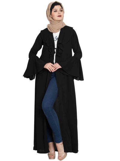 Fajr Long Cardigan Abaya with Frills and Bell Sleeves