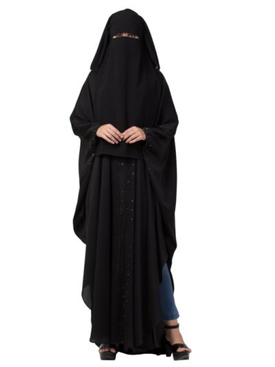 Black Nida Naqaab & Kaftan Combo Embellished With Crystal Stones