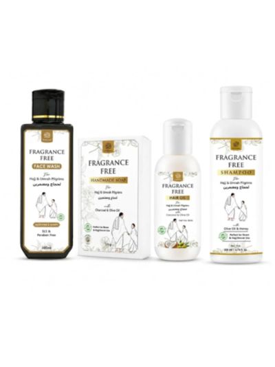 AL MASNOON Fragrance Free Hajj & Umrah Kit with Face Wash, Shampoo, Hair Oil & Handmade Soap, SLS & Paraben Free | Combo of 4 Items