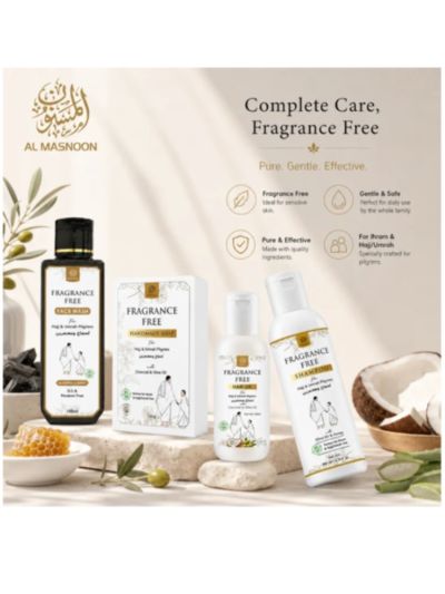 AL MASNOON Fragrance Free Hajj & Umrah Kit with Face Wash, Shampoo, Hair Oil & Handmade Soap, SLS & Paraben Free | Combo of 4 Items