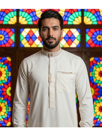 Al Noor Platinum Cream Calligraphic Thobe