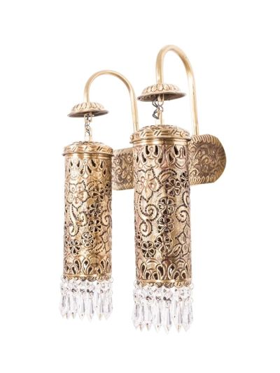 Hand Carved Brass & Crystal Mini Cylinder Wall Sconce