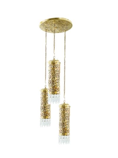 Hand Carved Brass & Crystal Mini Cylinder Set of 3 Hanging Light