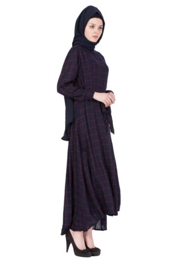 Navy Blue  Check Front  Open Abaya 