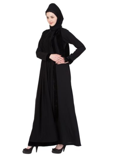 Black Designer Abaya With Plated Georgette & Velvet